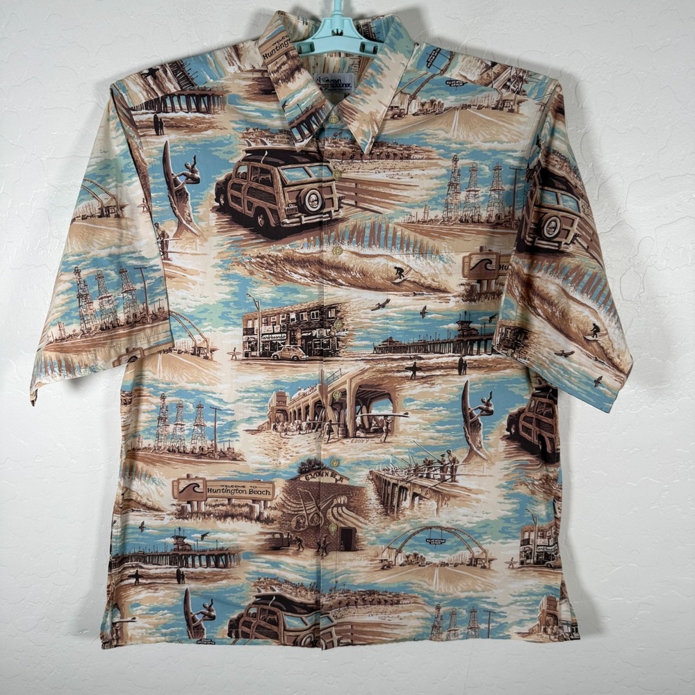 Reyn Spooner Shirt Mens Large Brown Hawaiian Camp Huntington Beach Surfer